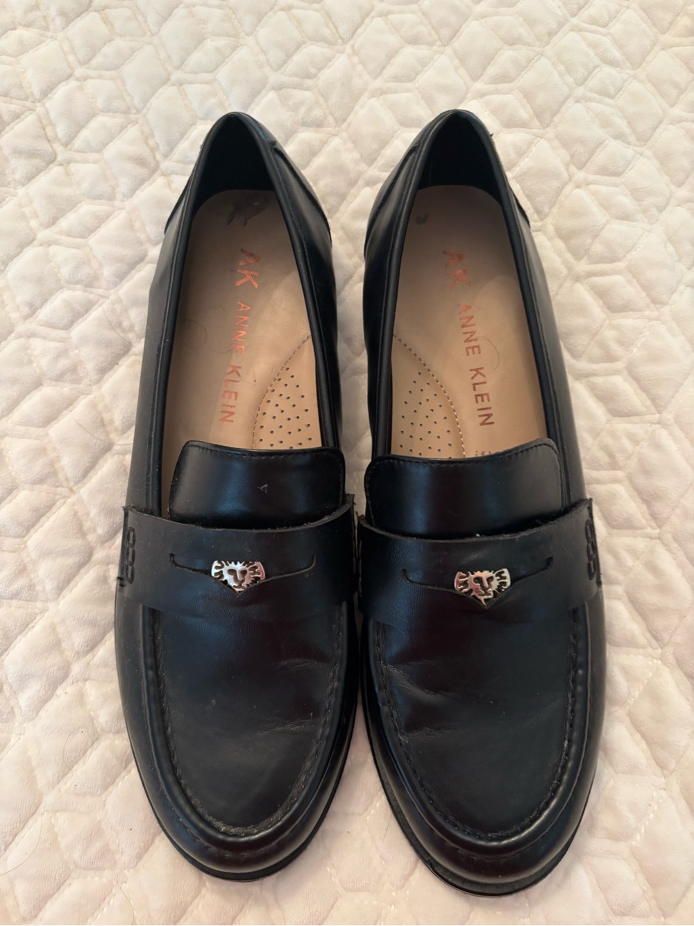 Anne Klein Black Leather Classic Penny Loafers with Silver Accent